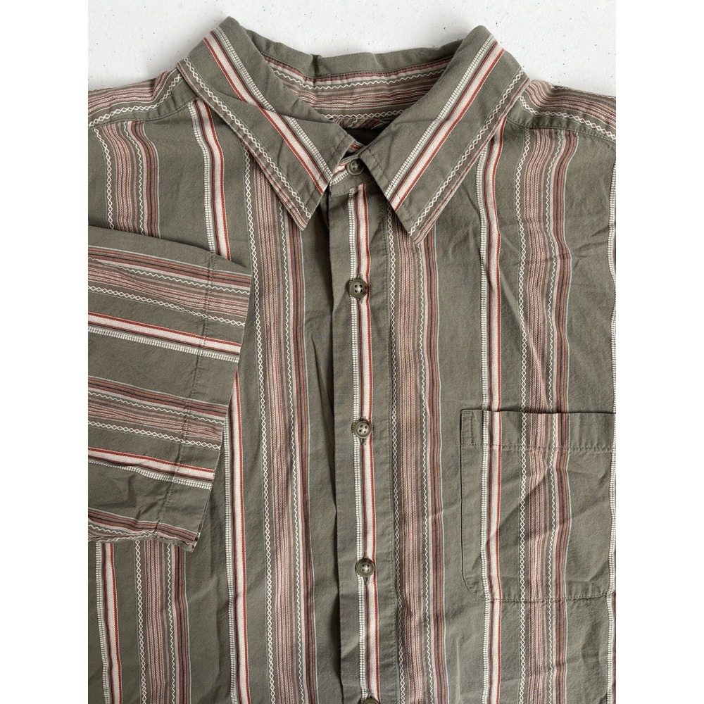 Eddie‎ Bauer Men's XL Green Cream Orange Striped Cotton Short Sleeve Button Up